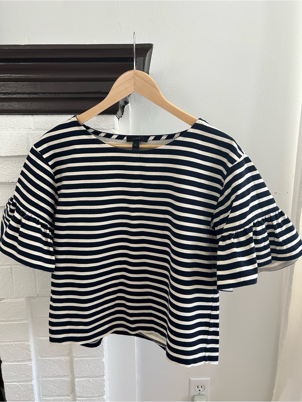 J. Crew Boatneck Striped Ruffle Sleeve Top - Navy & White Size M